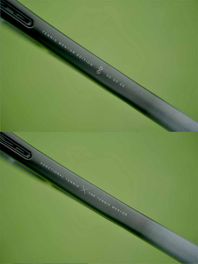 Two black Functional Tennis Saber with text on a green background